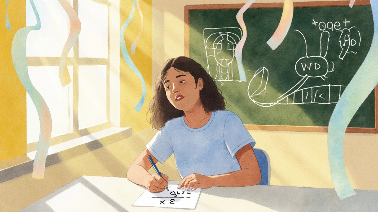 A joyful teen solving math in a bright room after practicing breathing.