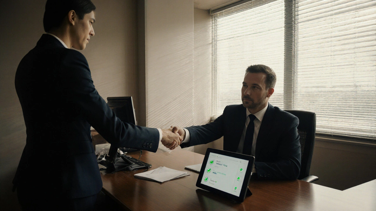 Applicant shaking hands with HR officer, green checkmark indicating cleared credit check.