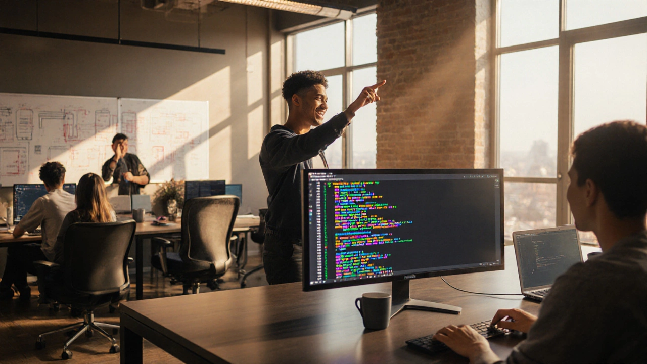 Bootcamp students coding together in a bright modern workspace.