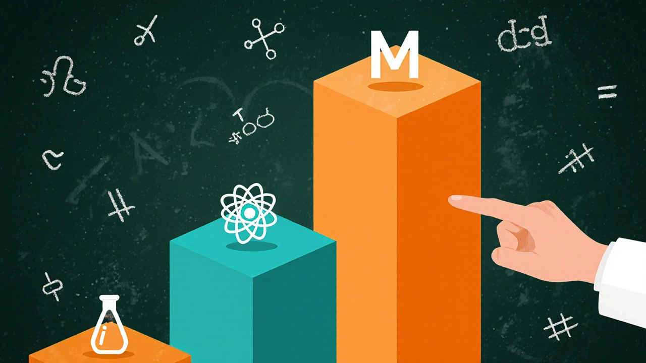 Chalkboard bar graph showing Math highest, with subject icons around each bar.