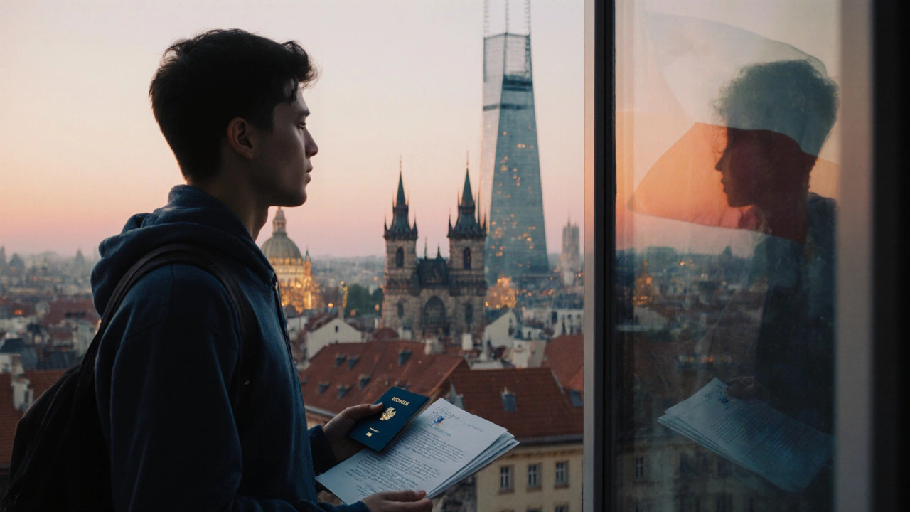 Cinematic portrait of a student on a Prague balcony holding passport and scholarship letter at sunset.