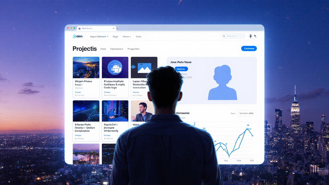 Coder presenting a portfolio screen with GitHub stats and job interview silhouette at twilight.