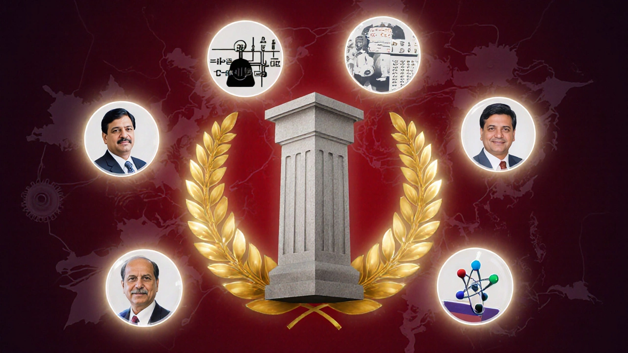 Collage of icons representing seven celebrated IIT professors surrounded by a laurel wreath.