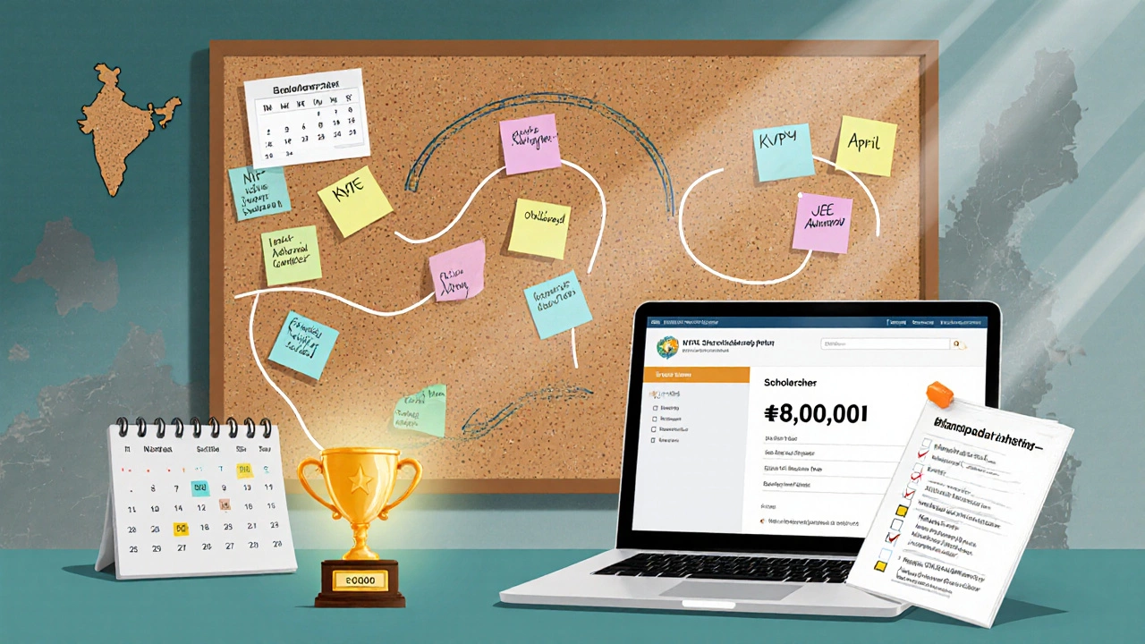 Desk with checklist, calendar, and laptop displaying the National Scholarship Portal.