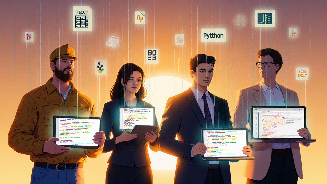 Diverse professionals connected by floating code snippets representing their daily work tools.