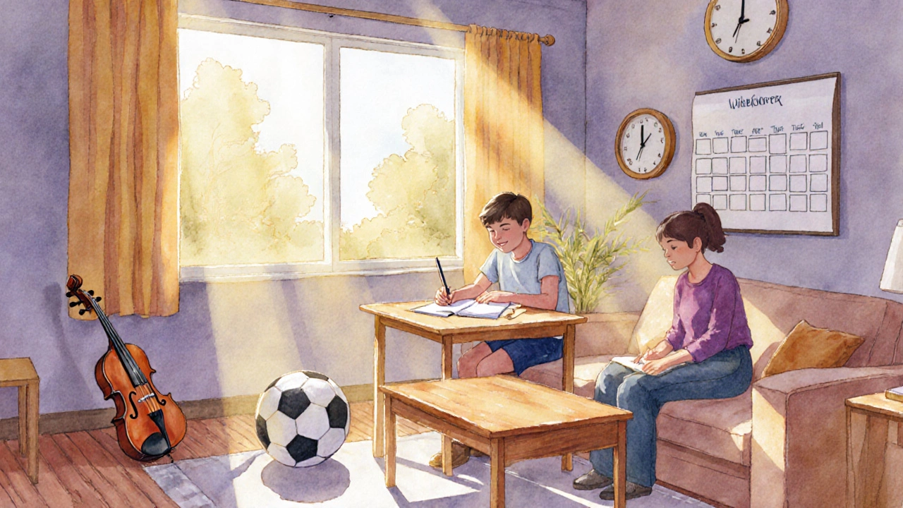 Family scene with teen doing homework, parent nearby, and hobbies suggesting balanced life.
