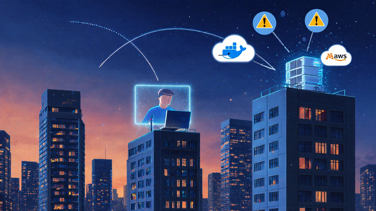 Futuristic city skyline with glowing pipelines representing software deployment and monitoring.