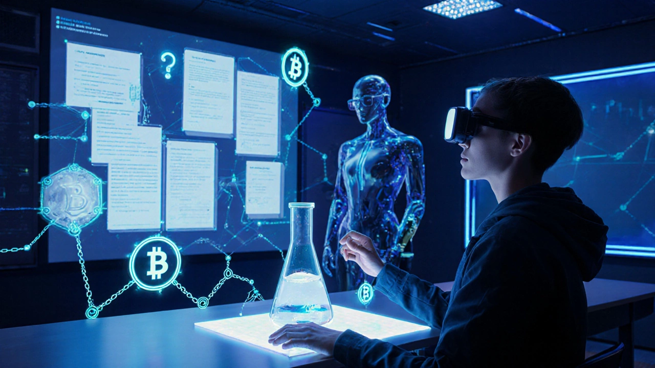 Futuristic classroom with AI hologram, AR headset, and floating blockchain badges.