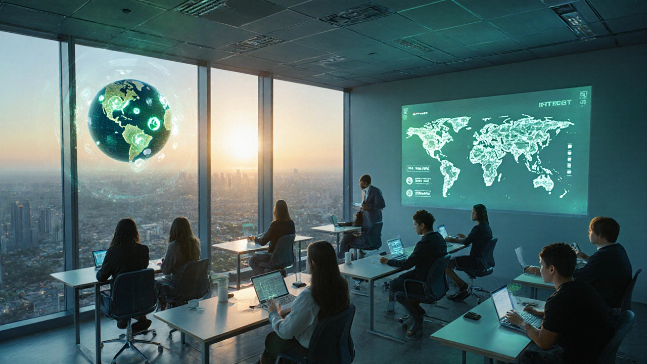Futuristic classroom with holographic AI, ESG globe, and remote collaboration screen.