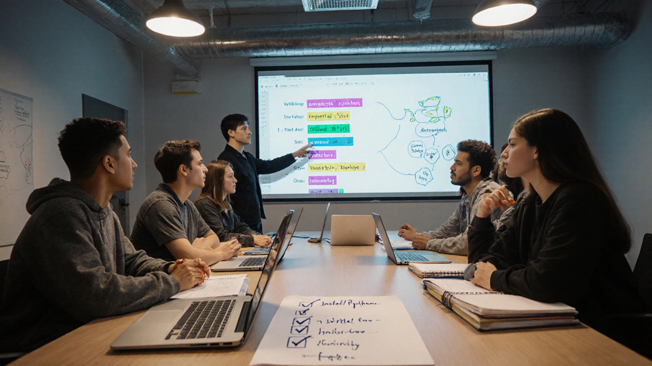 Group workshop with laptops, a projected Jupyter Notebook, and a facilitator.