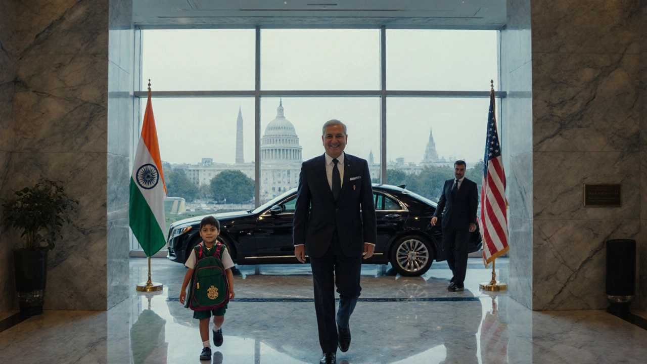 IFS officer at U.S. embassy with family arriving, diplomatic setting, and skyline visible.