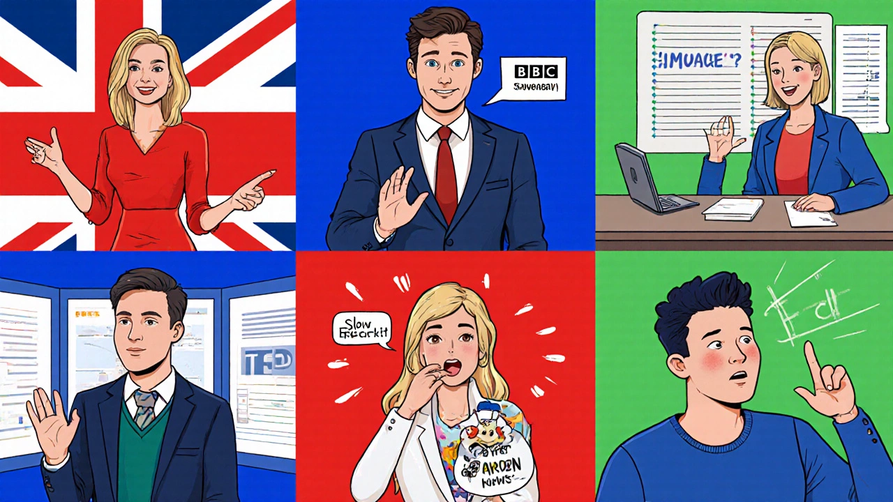 Illustrated collage of six English‑learning YouTubers in distinctive settings.