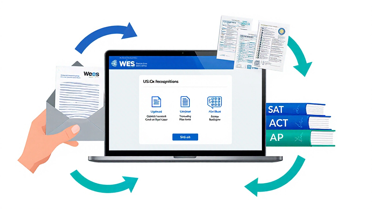 Illustration of documents, laptop and SAT materials showing the evaluation process.