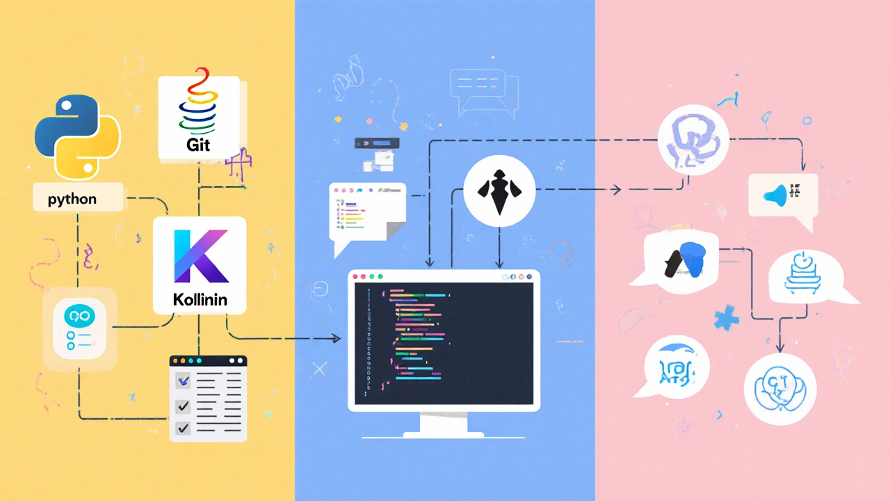 Illustration of language icons, dev tools, and mini‑project sketches linked by arrows.