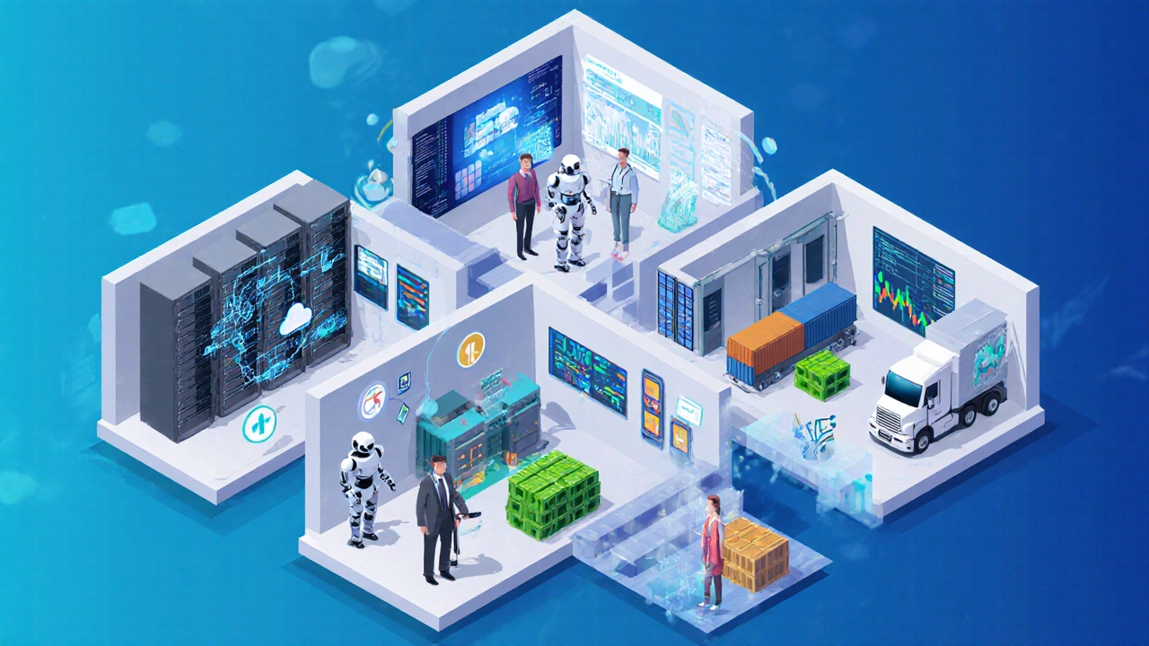 Isometric office showing five zones for tech, data, healthcare, supply chain and finance MBA specializations.