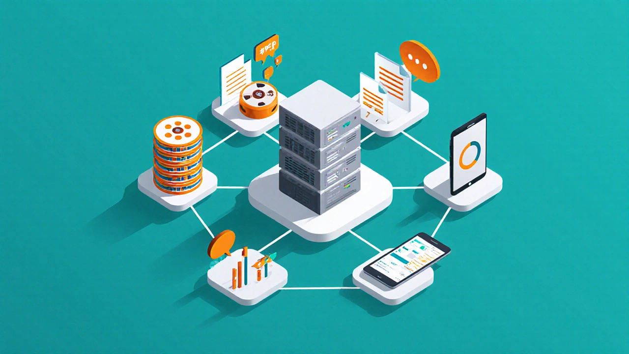 Isometric view of interconnected e‑platform modules surrounding a central LMS.