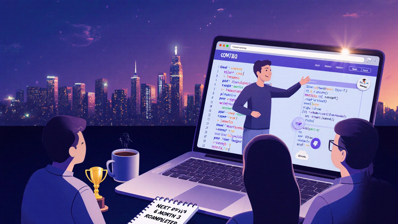 Junior developer showing portfolio laptop with code, city skyline backdrop.