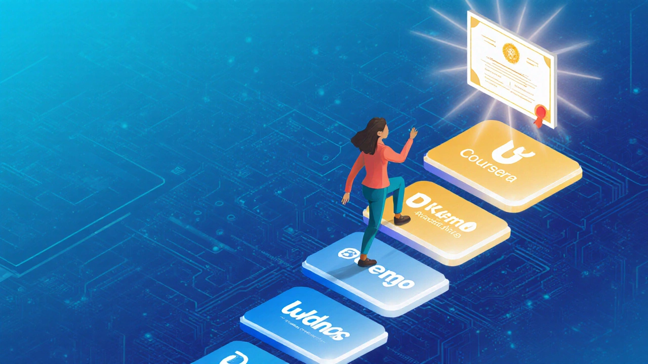 Learner climbing a staircase of platform icons toward a glowing certificate.