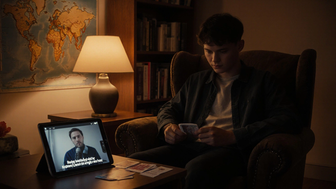Learner studying an English video at night with subtitles, flashcards, and a microphone.