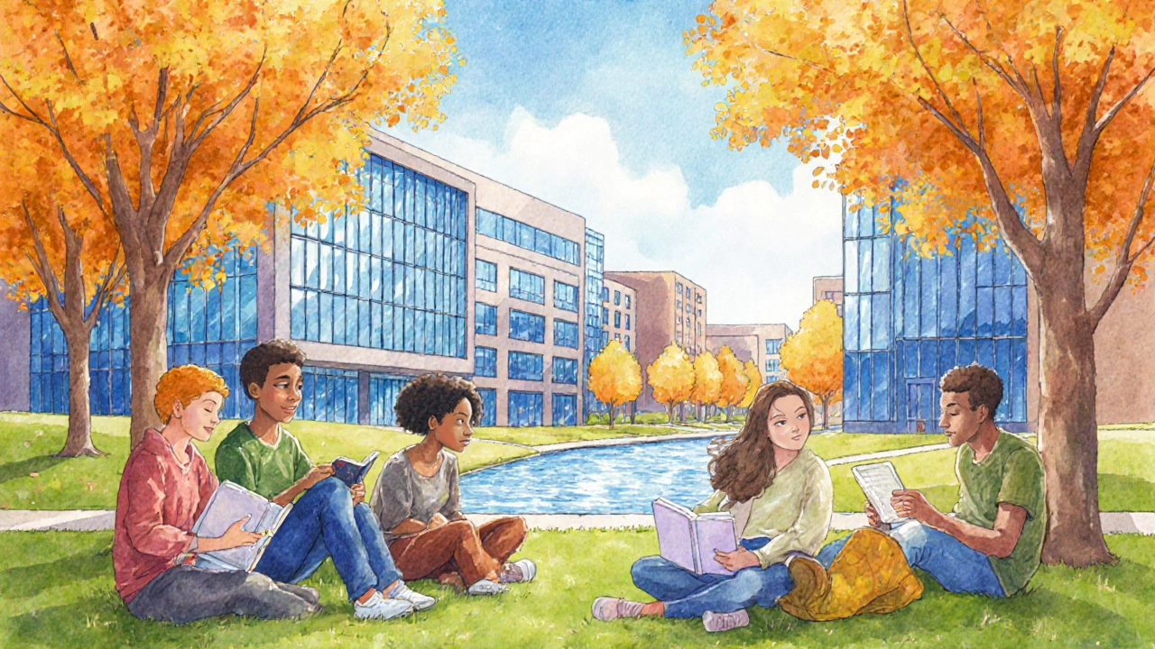 Multicultural students on a US campus lawn with books, autumn trees, and modern halls.