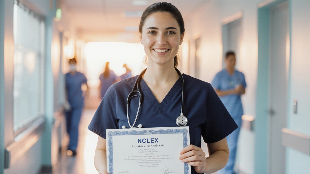 Newly certified nurse holding her license in a hospital corridor.