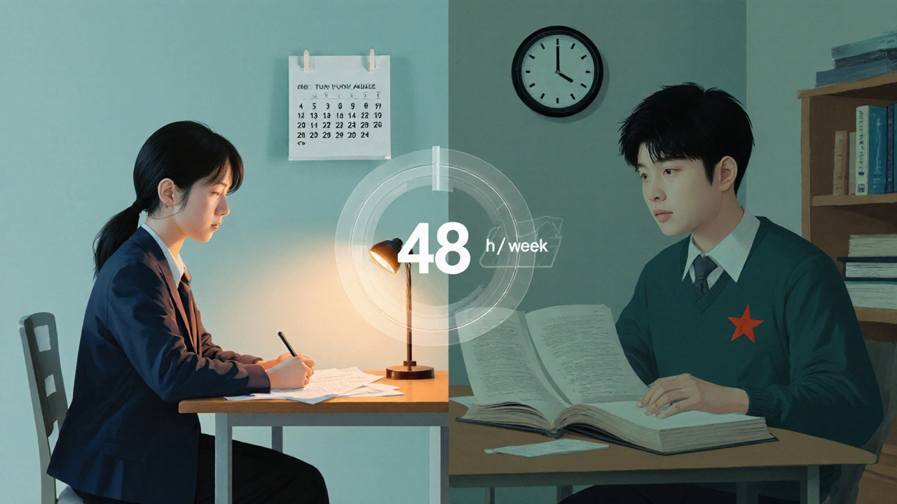 Split illustration showing a Japanese student with mock exams and a Chinese student studying for Gaokao.