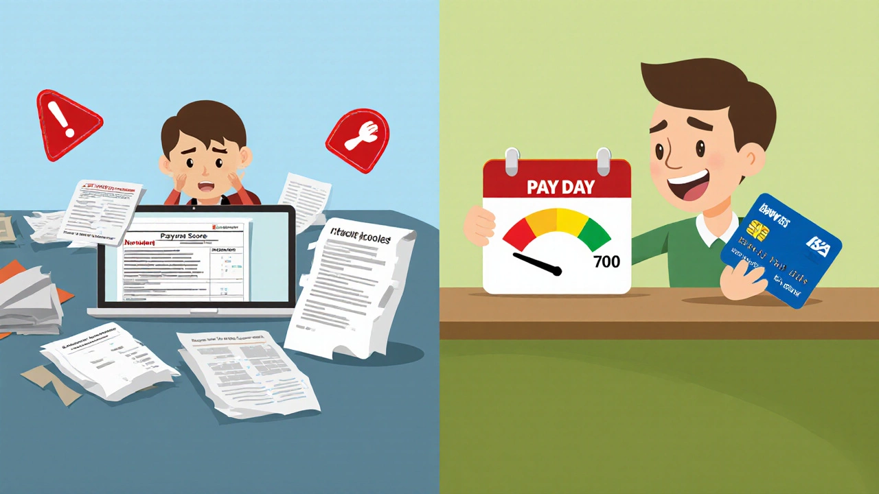 Split illustration showing before and after credit improvement actions.