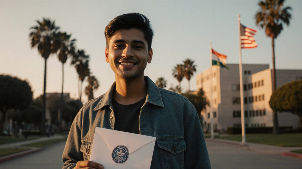 Student on a U.S. campus holding a university acceptance letter, smiling.