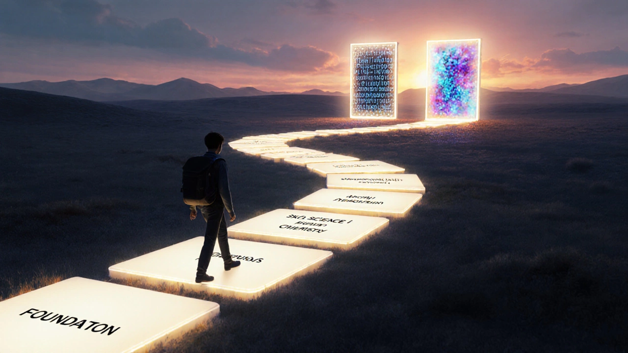 Student walking on glowing study path toward futuristic portals of data science and nanomaterials.