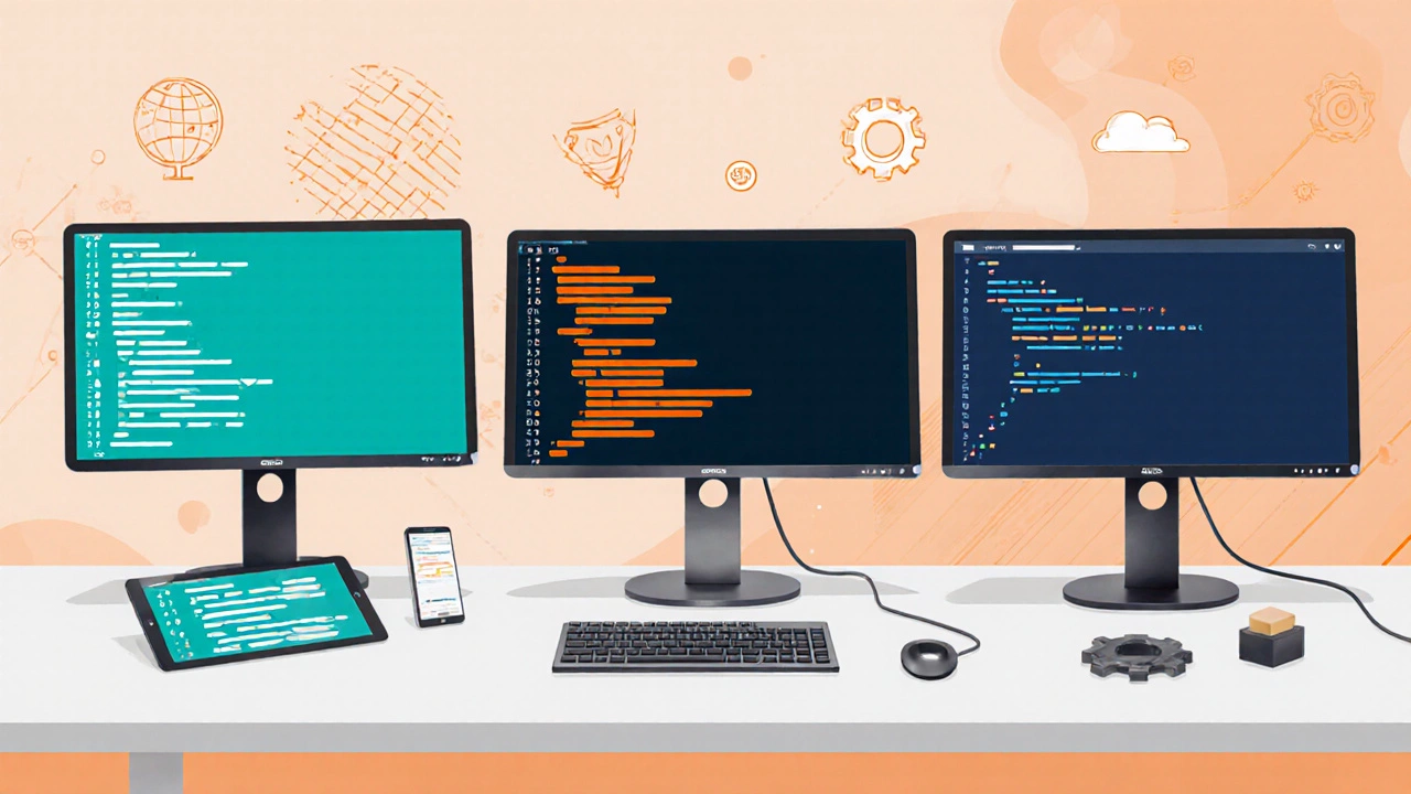 Three monitors displaying Python, JavaScript, and Java code side by side.