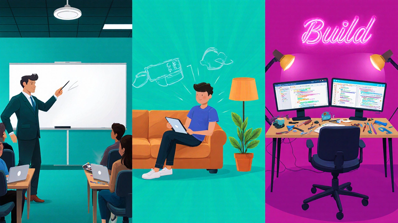 Three panels: bootcamp classroom, self‑paced video learning, and project‑based workspace.