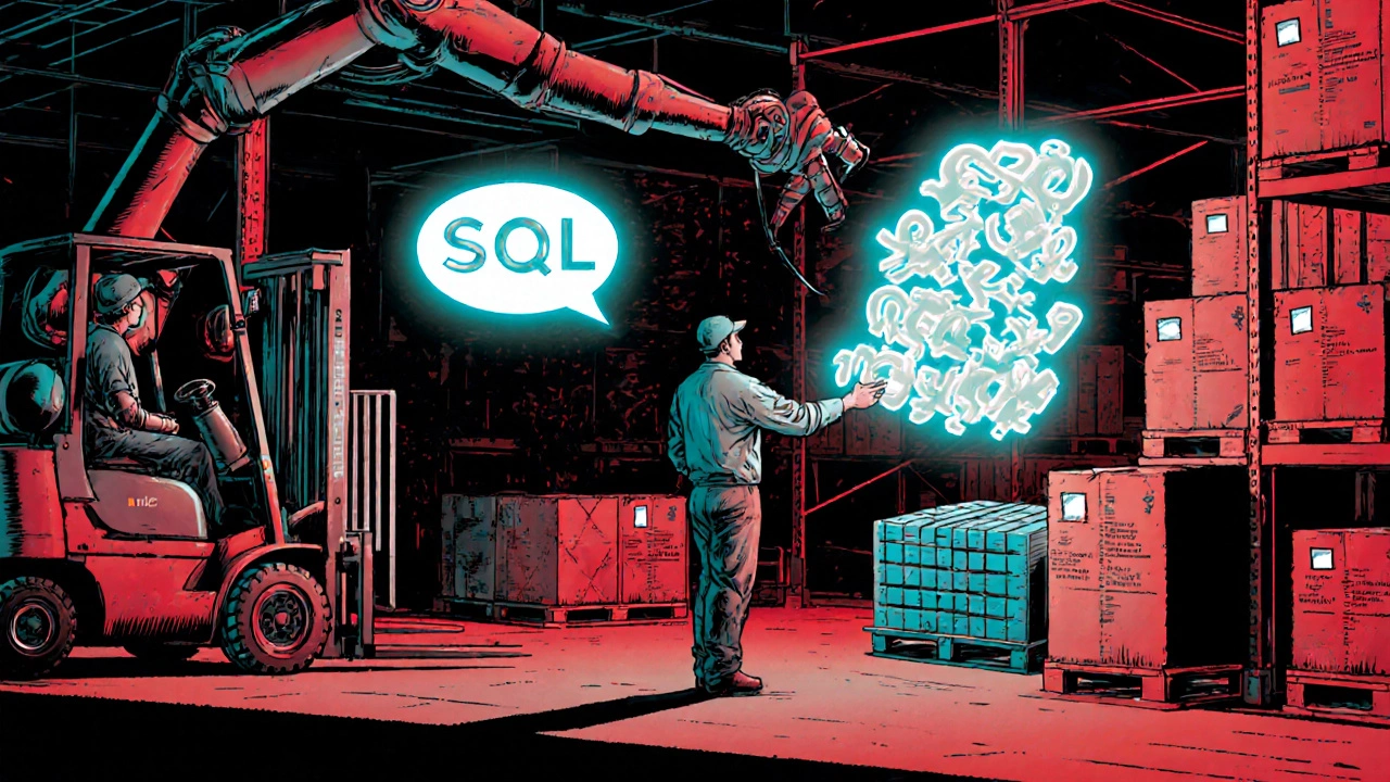 Warehouse worker using automated system with robotic arms and glowing SQL commands.