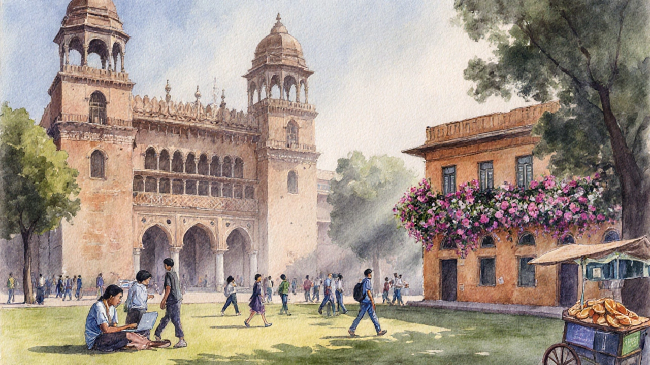 Watercolor of an Indian university campus with students, dorms and street vendor showing affordable living.