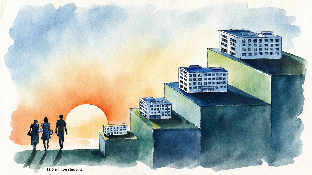 Watercolor of rising school buildings toward sunrise, symbolizing enrollment growth.