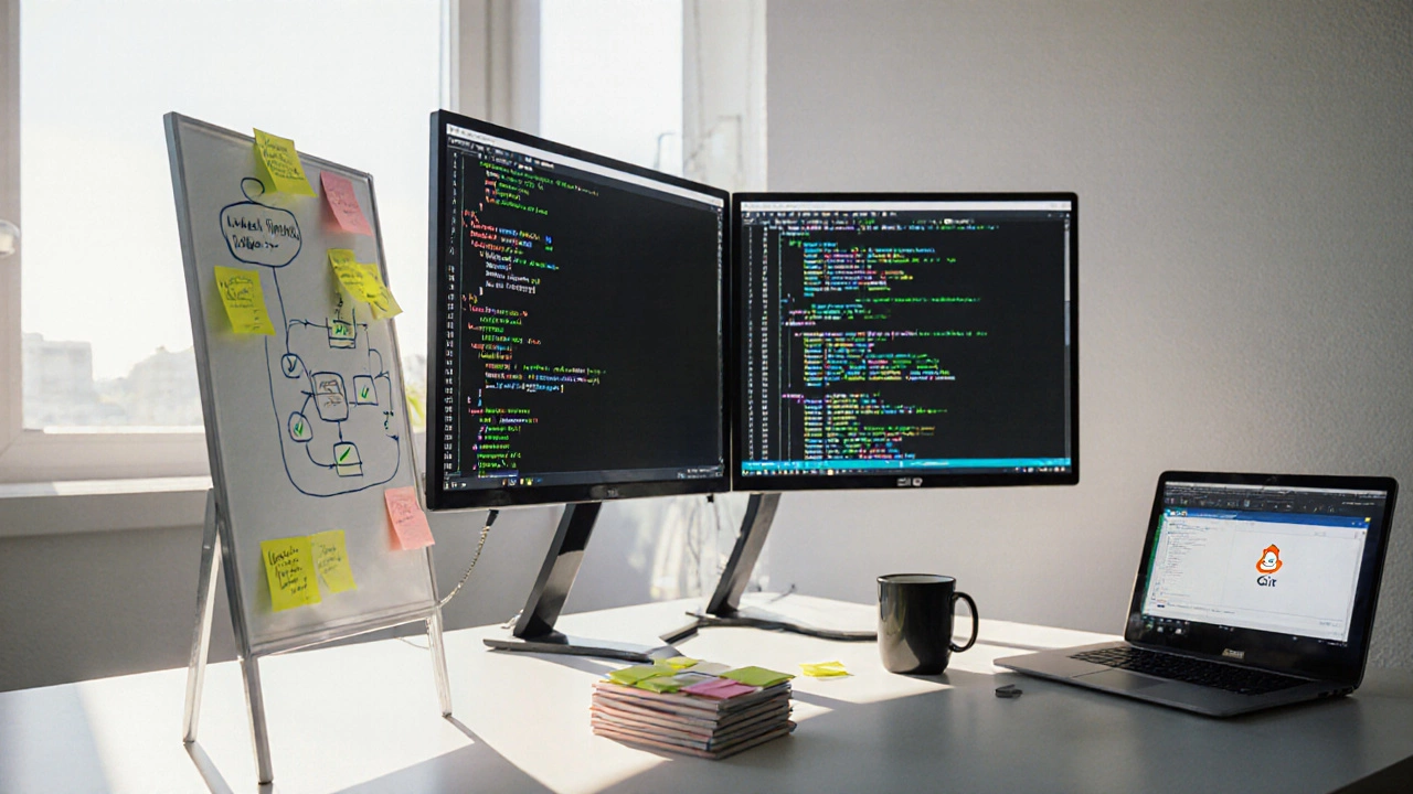 Workspace with dual monitors showing code, test results, Git icons, and a whiteboard flowchart.
