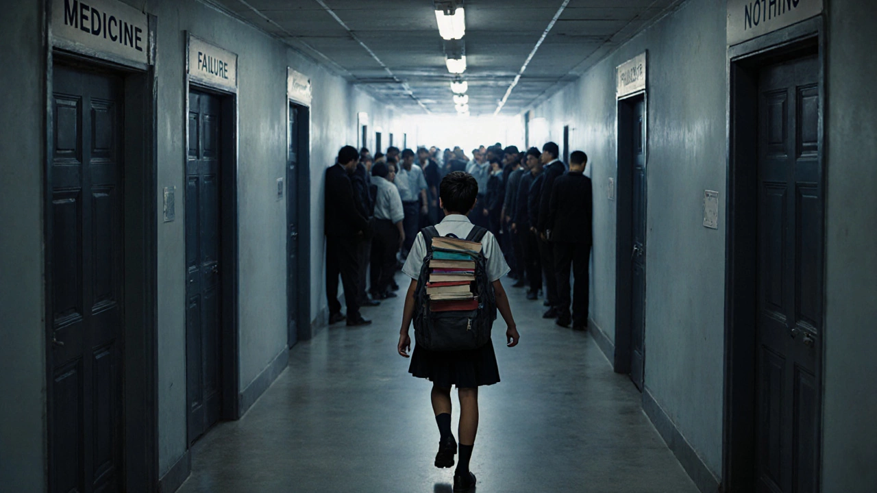 A lone student walking down a narrow corridor marked with high-stakes career paths, surrounded by a crowd.