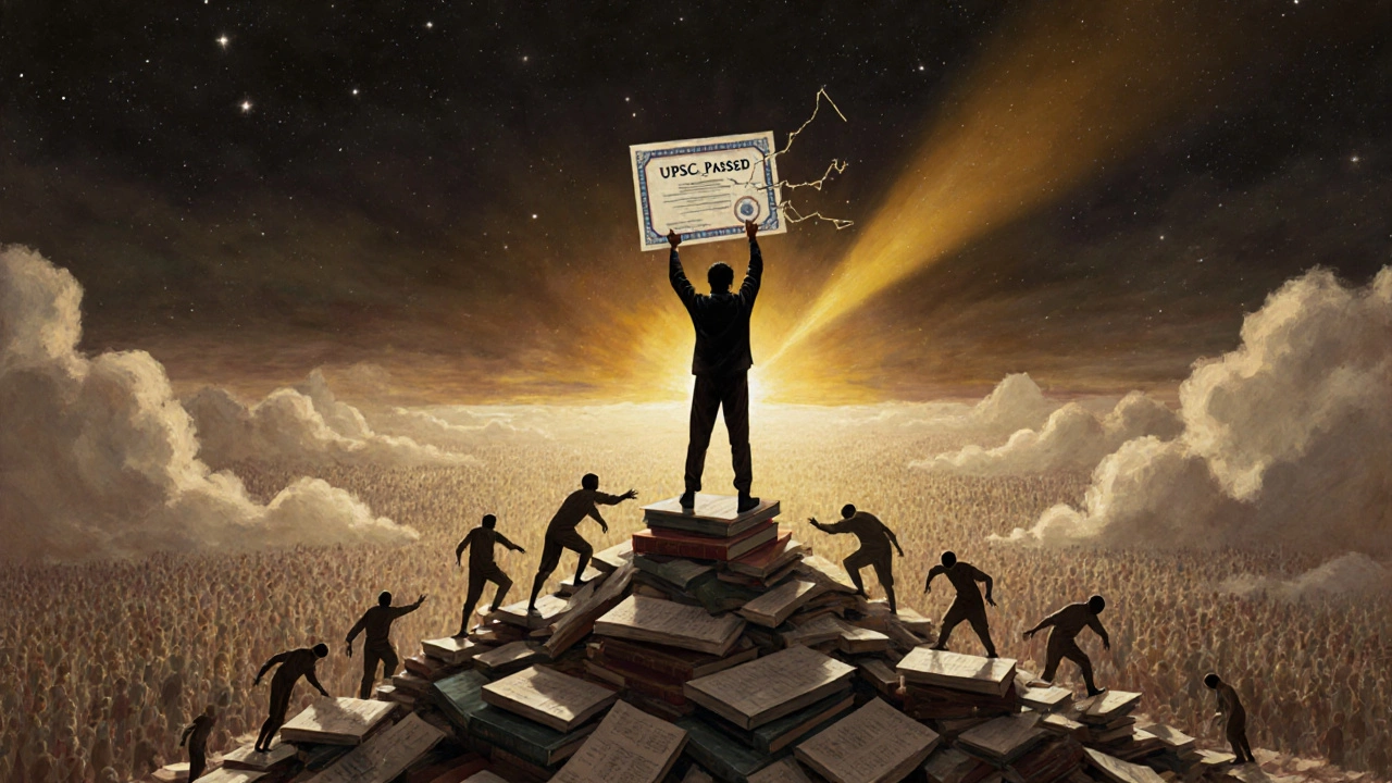 A solitary figure atop a mountain of exam materials as dawn breaks behind them.