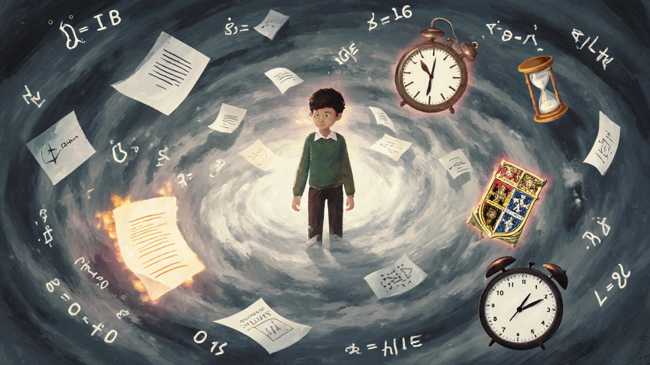 A student caught in a storm of educational symbols representing IB, ICSE, and Cambridge curricula.