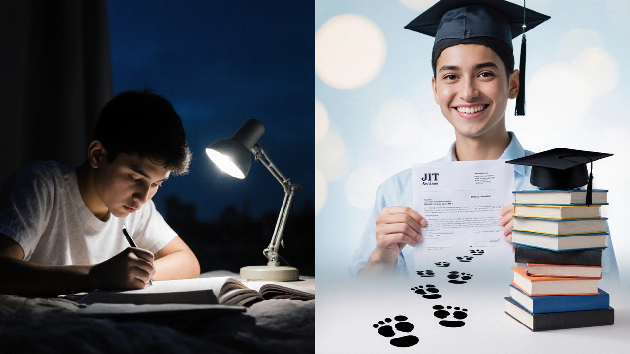 A student transforming from late-night studying to holding an IIT admission letter.
