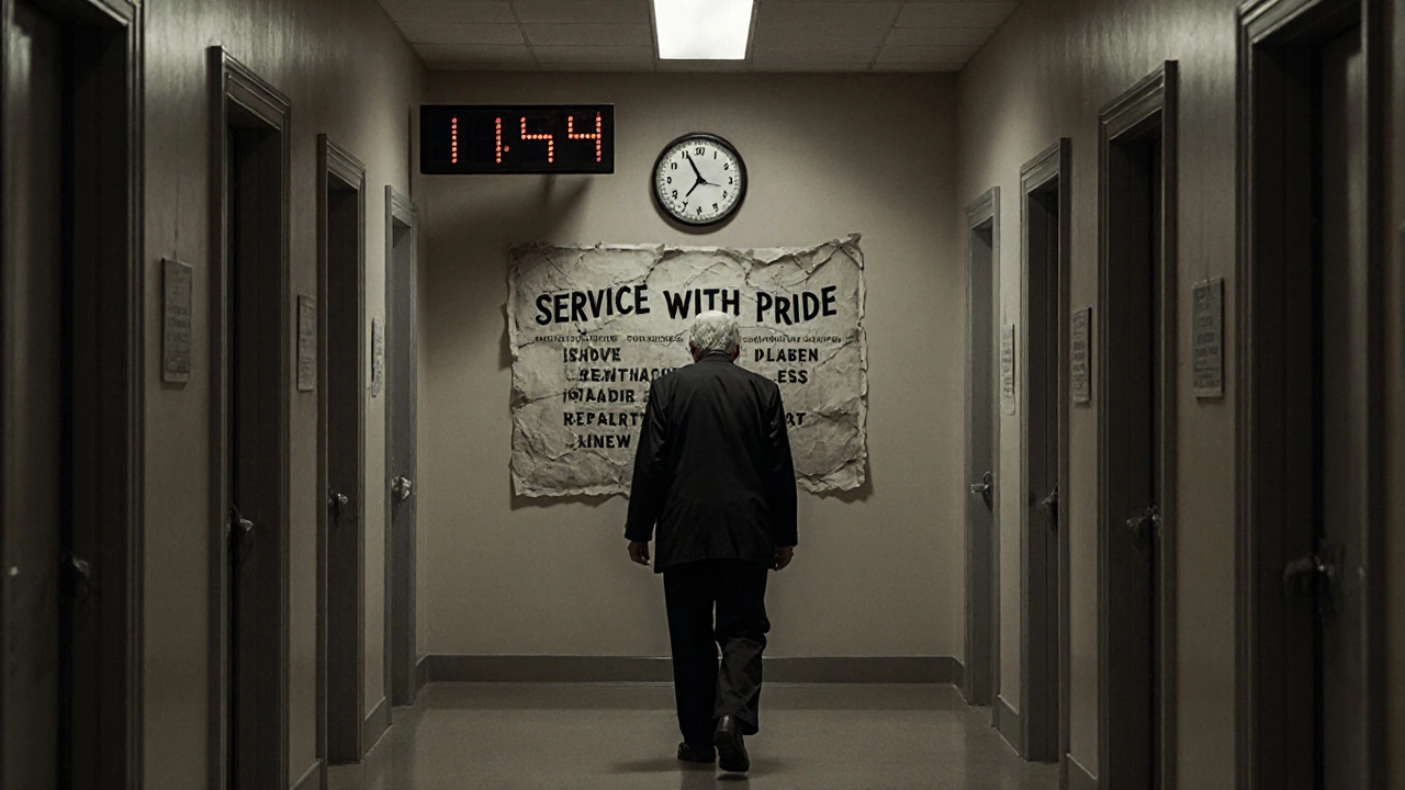 An aging civil servant walking alone down a long, empty government hallway under flickering light.
