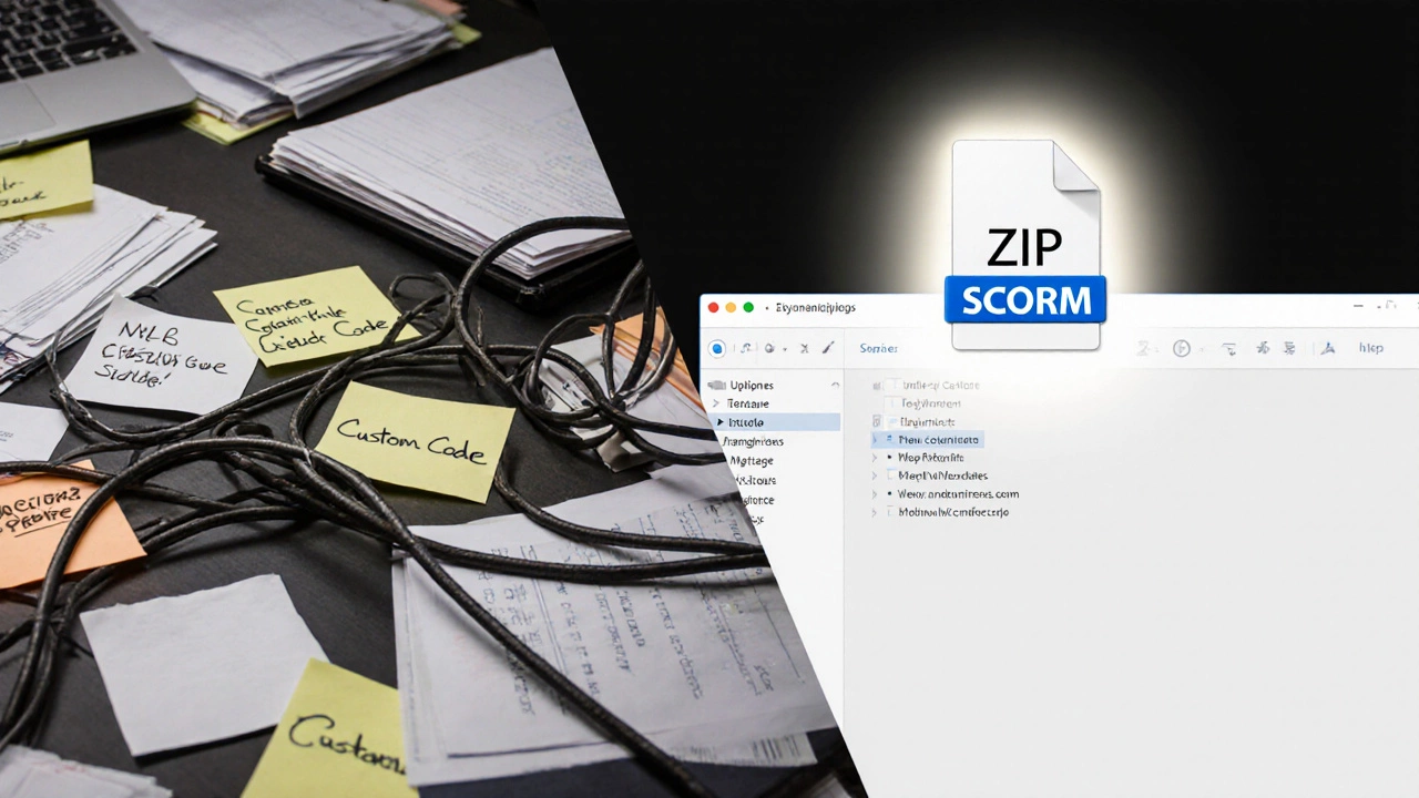 Cluttered custom code vs clean SCORM upload to an LMS dashboard.