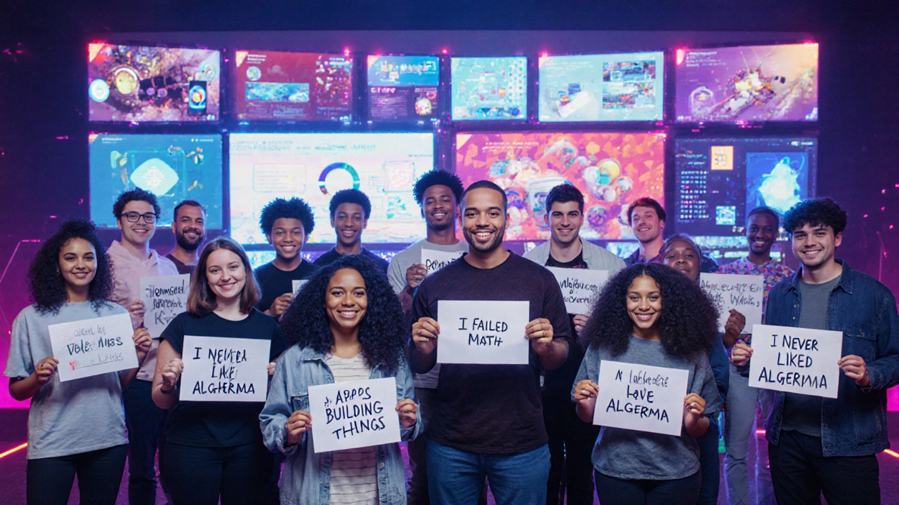 Diverse group holding signs about struggling with math, standing before digital creations they built.