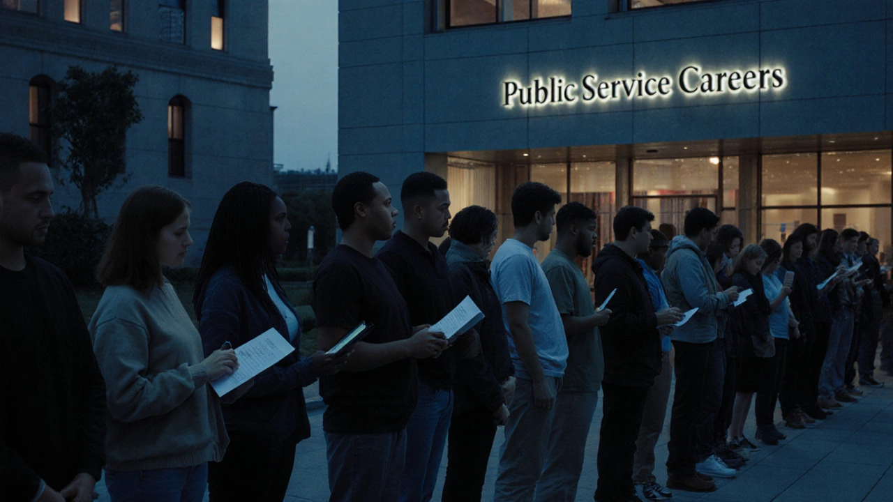 Diverse group waiting in line outside a government building with tablets and applications.