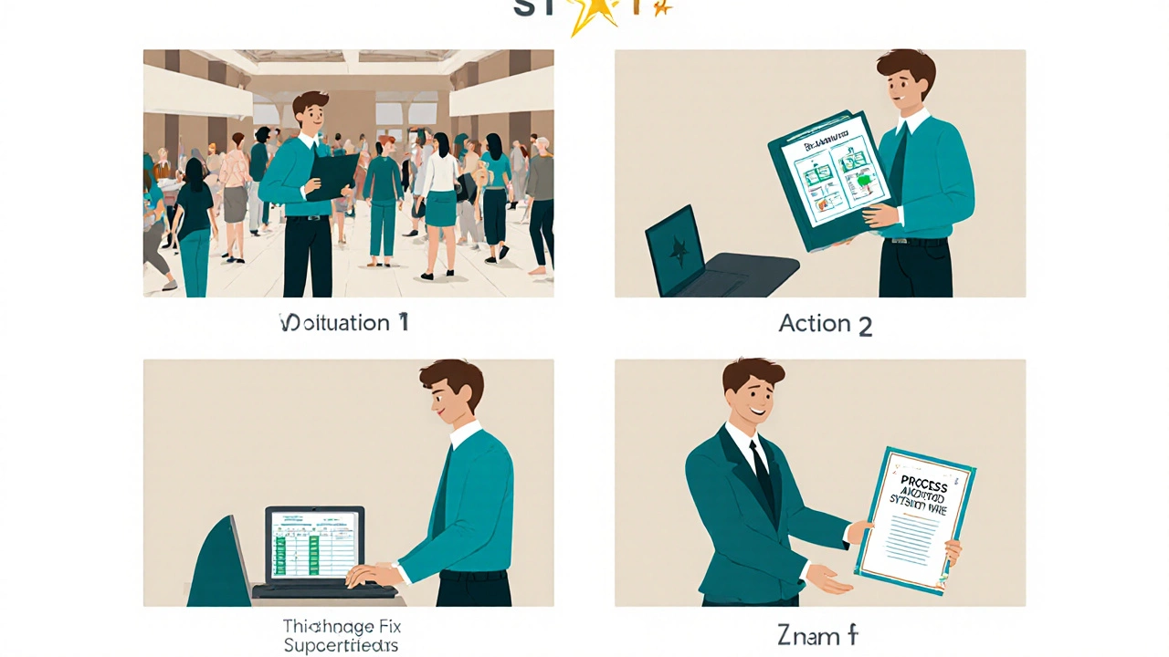 Four-panel illustrated storyboard showing the Situation, Task, Action, and Result of a government job interview story.