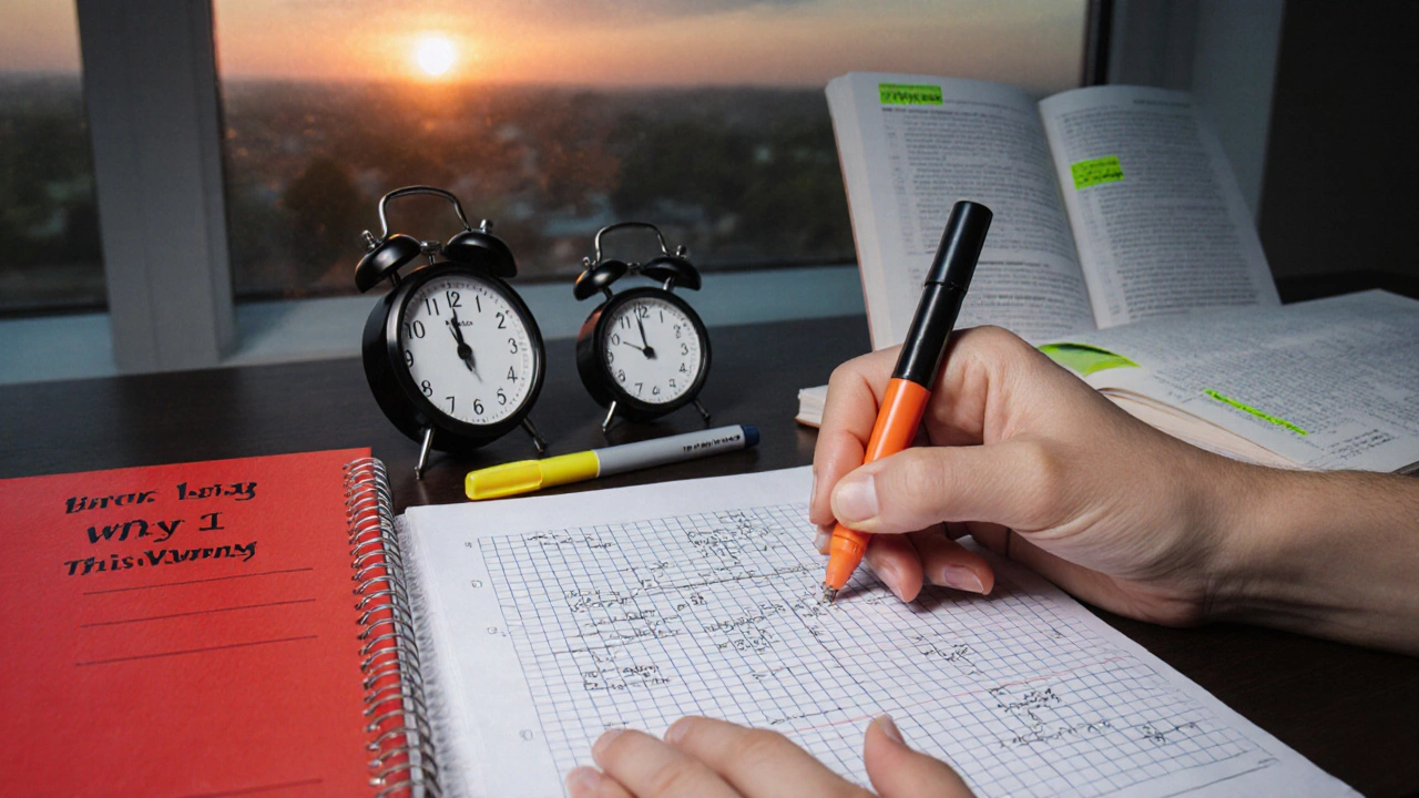Hands solving a JEE problem with a timer and error log notebook nearby.