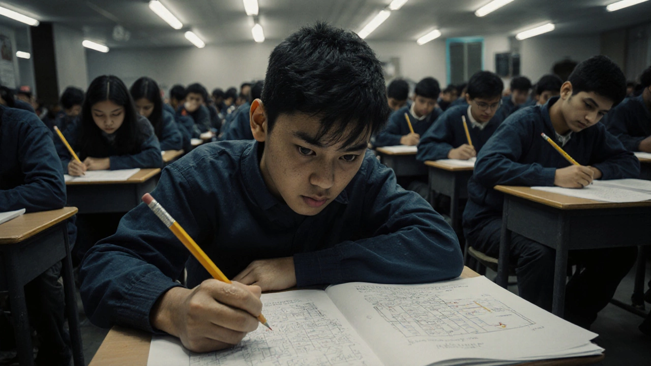 Hundreds of students taking a high-stakes engineering entrance exam in silent tension.