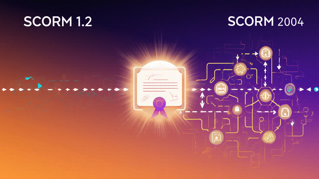 Linear SCORM 1.2 path versus branching SCORM 2004 navigation network.