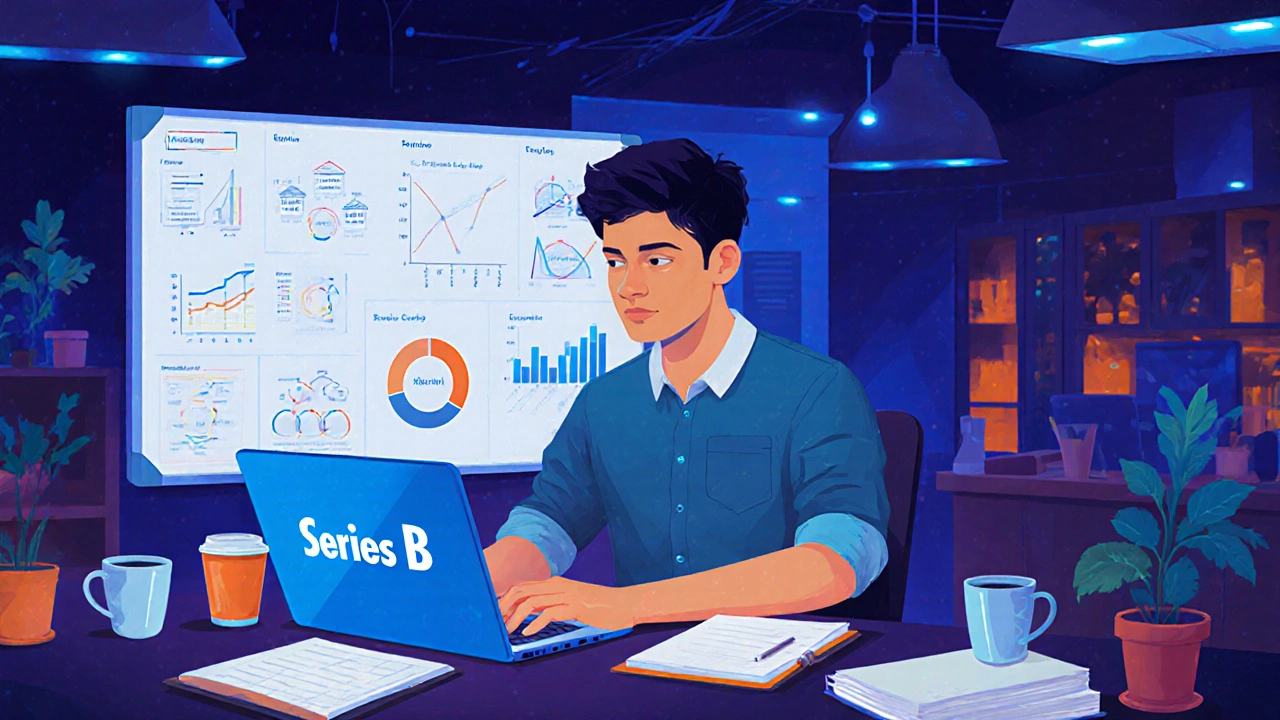 MBA founder working late in Bangalore startup hub with business models on whiteboard.