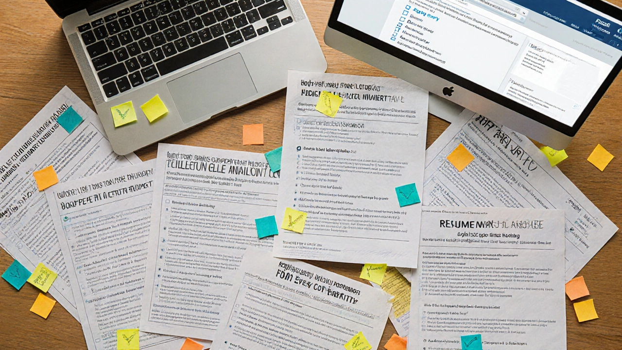 Overhead view of annotated job postings and resume builder screen with highlighted keywords.