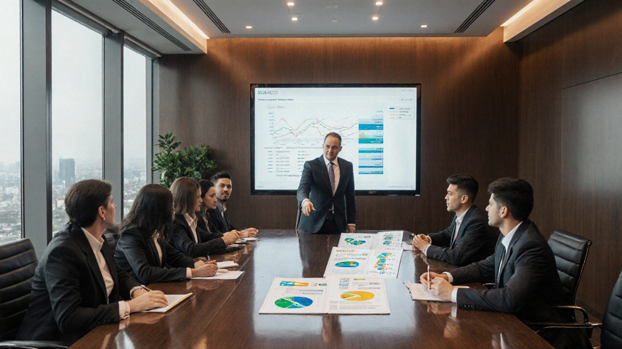 Private equity partner presenting financial projections in Singapore boardroom.